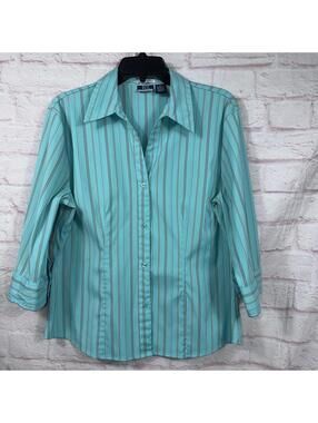 DCC Missy Women’s Aqua Striped Button Front Blouse XL